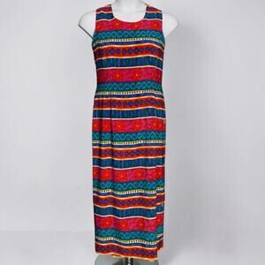 Vintage 90s Miss Dorby Floral Stripe Midi Maxi Dress Size 14 Retro 60s Mod Style